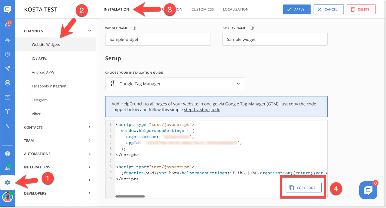 HelpCrunch widget installation code